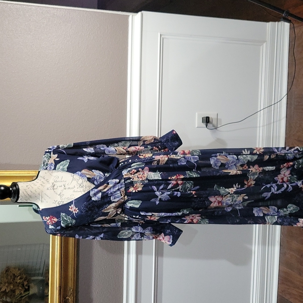 Blue Long Flower Dress V Neck Front by Miss Avenue size Large